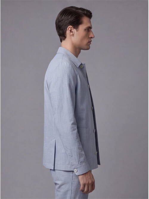 Açık Mavi Gömlek Yaka Düğmeli Torba Cepli Takım