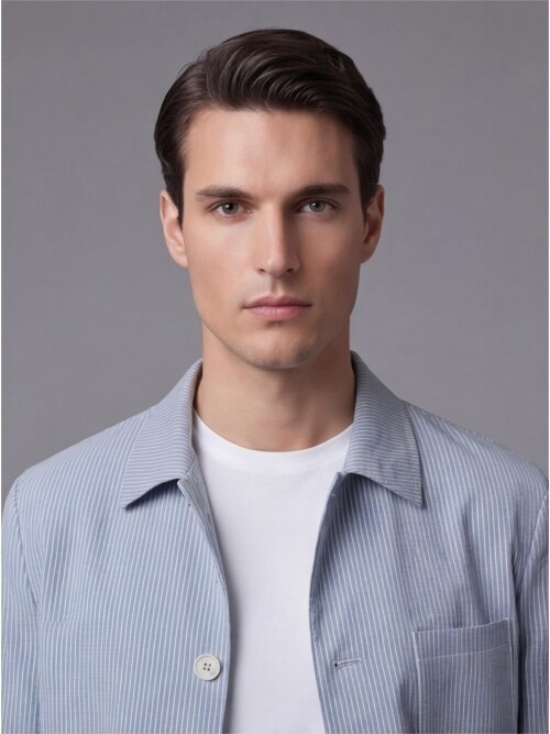 Açık Mavi Gömlek Yaka Düğmeli Torba Cepli Takım