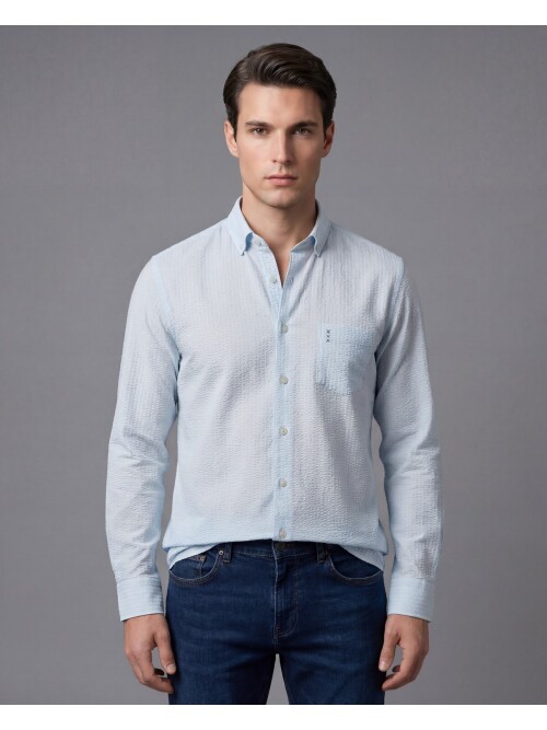 Açık Mavi Kendinden Desenli Slim Fit Uzun Kollu Gömlek