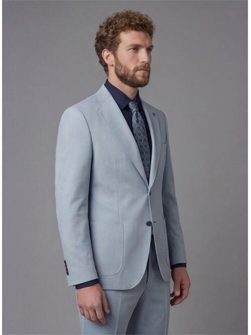 Light Blue Slim Fit Notch Lapel Suit with Patch Pockets