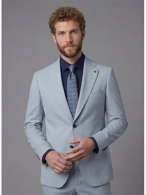 Light Blue Slim Fit Notch Lapel Suit with Patch Pockets