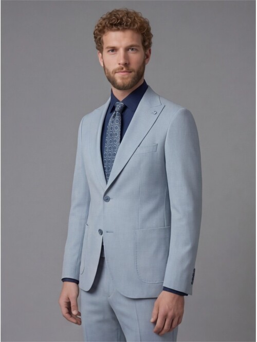 Light Blue Slim Fit Peak Lapel Patch Pocket Mens Suit