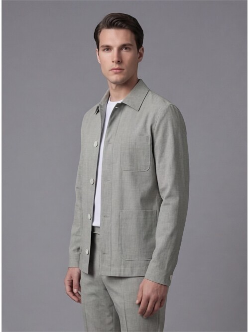 Açık Yeşil Gömlek Yaka Düğmeli Torba Cepli Takım