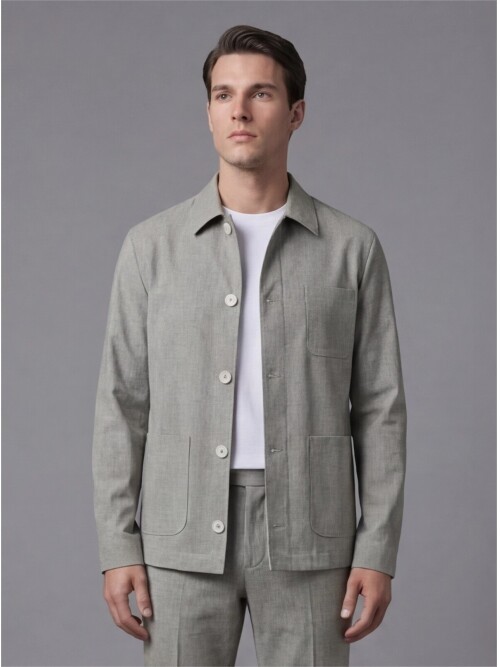 Açık Yeşil Gömlek Yaka Düğmeli Torba Cepli Takım