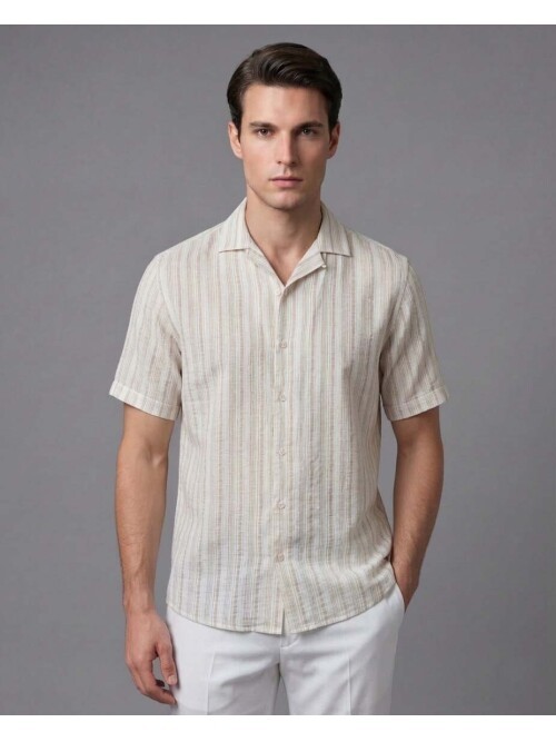 Bej Çizgili Regular Fit Kısa Kollu Gömlek