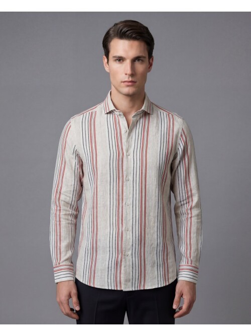 Bej Çizgili Regular Fit Uzun Kollu Gömlek