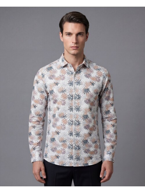 Bej Desenli Regular Fit Uzun Kollu Gömlek