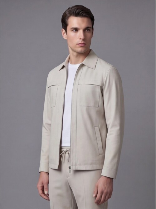 Bej Fermuarlı Performans Takım Elbise