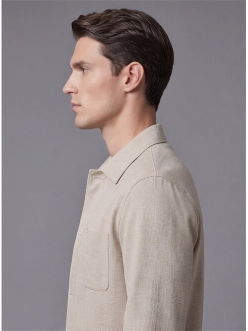 Bej Gömlek Yaka Düğmeli Torba Cepli Takım