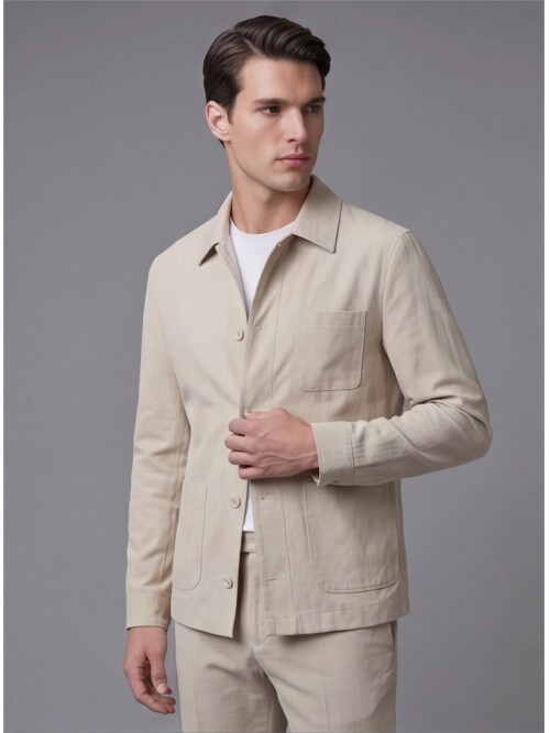 Bej Gömlek Yaka Düğmeli Torba Cepli Takım