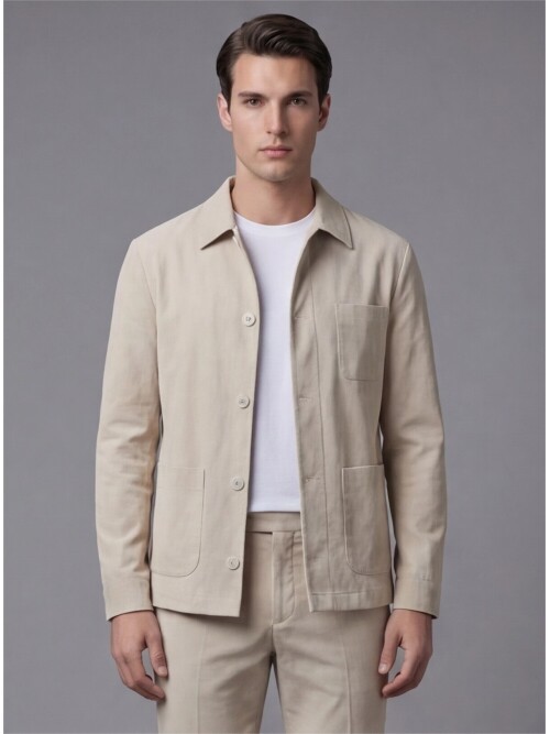 Bej Gömlek Yaka Düğmeli Torba Cepli Takım