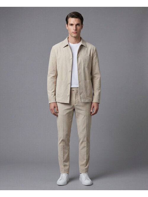 Bej Gömlek Yaka Düğmeli Torba Cepli Takım