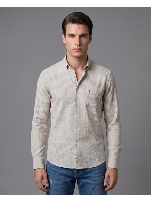 Bej Kendinden Desenli Slim Fit Uzun Kollu Gömlek