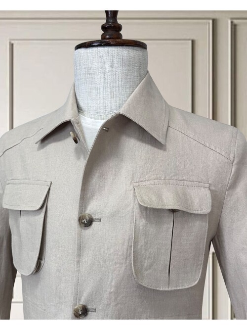 Bej Keten Safari Model Dört Cepli Takım Elbise