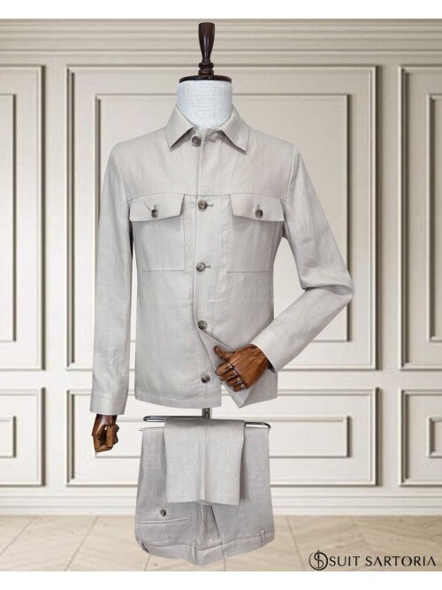 Bej Keten Safari Takım Elbise