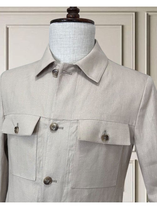 Bej Keten Safari Takım Elbise