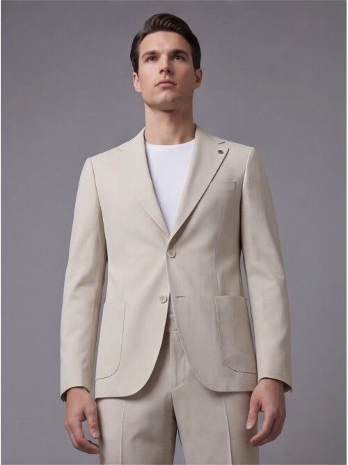 Bej Mono Yaka İki Düğmeli Takım Elbise