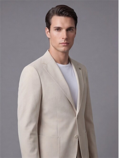 Bej Mono Yaka İki Düğmeli Takım Elbise