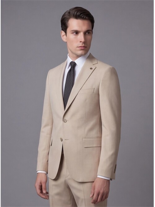 Bej Mono Yaka İki Düğmeli Takım Elbise