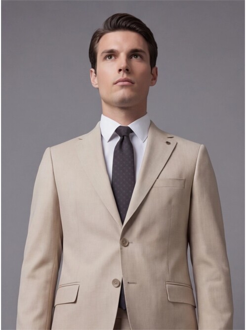 Bej Mono Yaka İki Düğmeli Takım Elbise