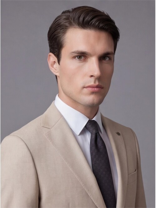 Bej Mono Yaka İki Düğmeli Takım Elbise