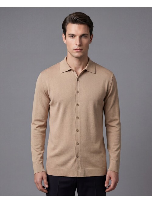 Bej Polo Yaka Uzun Kollu 8 Düğmeli Triko Tişört