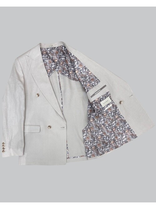 Bej Sivri Yaka 4 Düğme Keten Takım Elbise