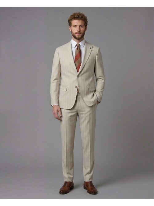 Beige Peak Lapel Comfort Fit Fully Lined Suit