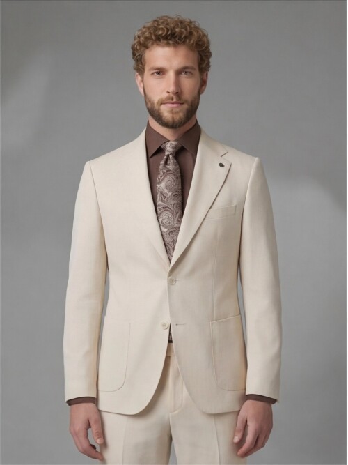 Beige Slim Fit Notch Lapel Suit with Patch Pockets
