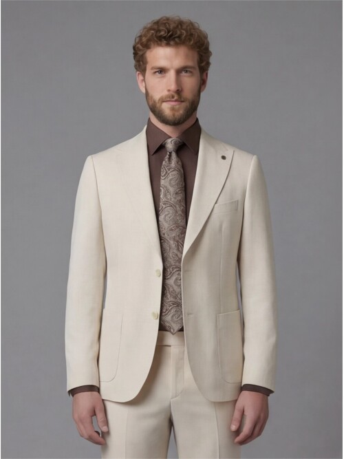 Beige Slim Fit Peak Lapel Patch Pocket Mens Suit
