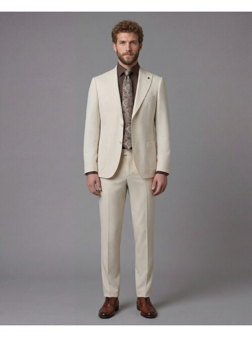 Beige Slim Fit Peak Lapel Patch Pocket Mens Suit