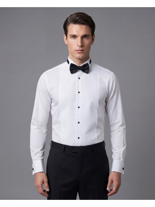 Beyaz Ata Yaka Çapraz Piliseli Damatlık Gömlek