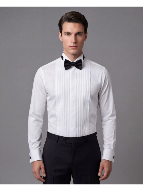 Beyaz Ata Yaka İnce Piliseli Damatlık Gömlek