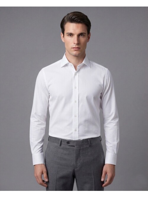 Beyaz Çizgili Uzun Kollu Slim Fit Sivri Yaka Gömlek