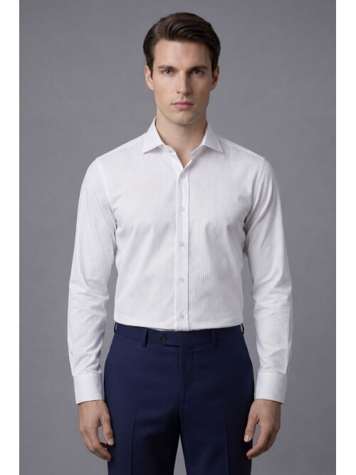 Beyaz Çizgili Uzun Kollu Slim Fit Spor Gömlek