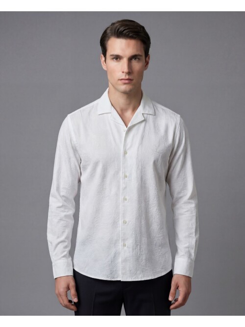 Beyaz Desenli Regular Fit Uzun Kollu Gömlek