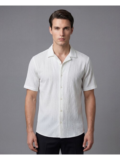 Beyaz Gofre Dokulu Regular Fit Kısa Kollu Gömlek