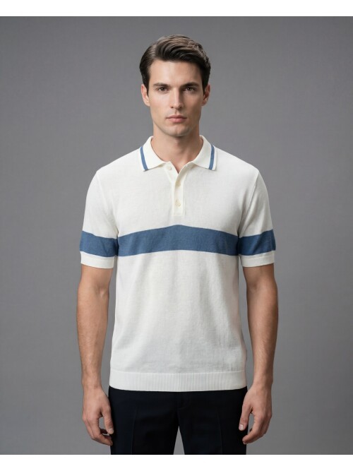 Beyaz Polo Yaka Blok Çizgili 3 Düğmeli Triko Tişört