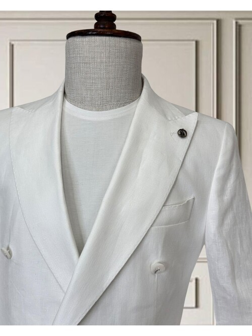 Beyaz Sivri Yaka 4 Düğme Keten Takım Elbise