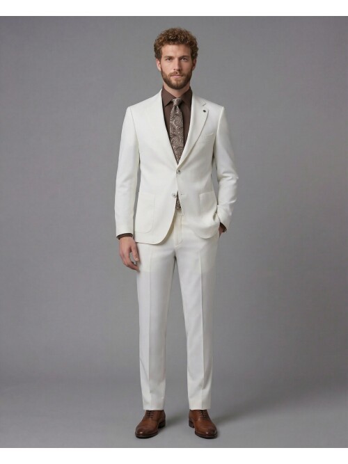 White Slim Fit Notch Lapel Suit with Patch Pockets