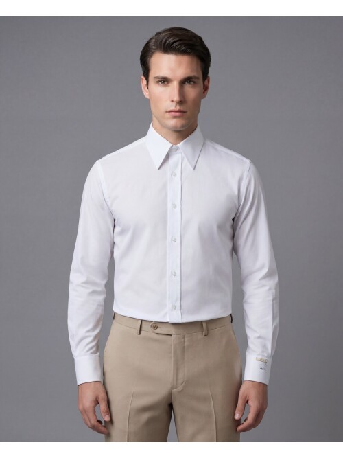 Beyaz Slim Fit Sivri Yaka Uzun Kollu Gömlek