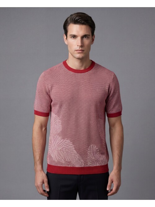 Burgundy Crew Neck Leaf Pattern Short Sleeve Knit T-Shirt