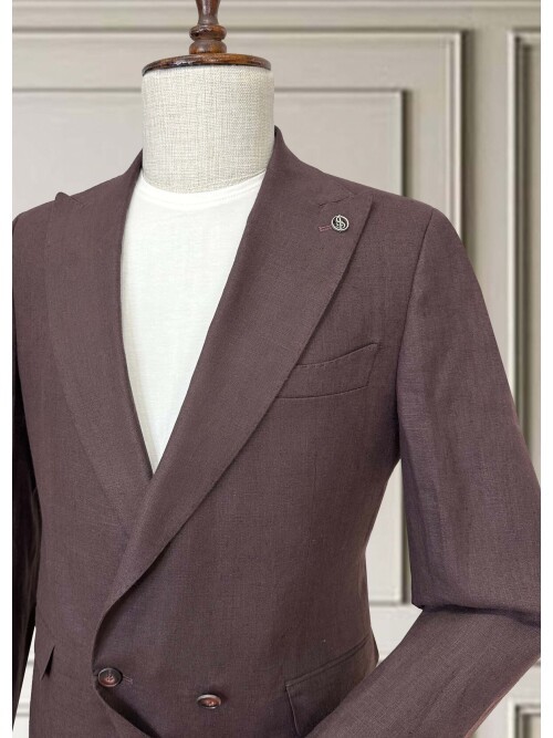 Bordo Sivri Yaka 2 Düğme Keten Takım Elbise