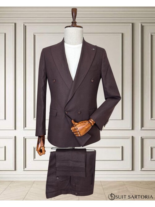 Bordo Sivri Yaka 4 Düğme Keten Takım Elbise