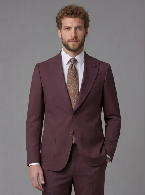 Burgundy Slim Fit Peak Lapel Patch Pocket Mens Suit