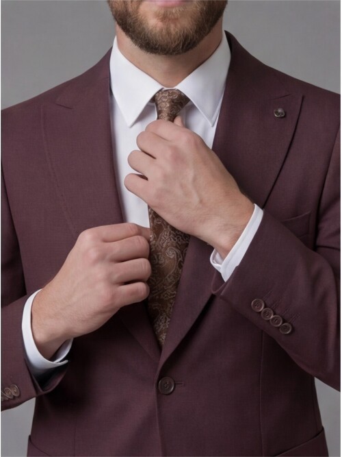 Burgundy Slim Fit Peak Lapel Patch Pocket Mens Suit