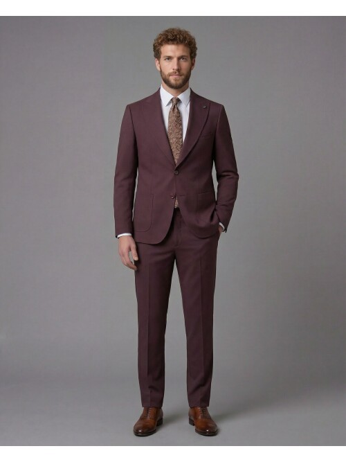 Burgundy Slim Fit Peak Lapel Patch Pocket Mens Suit