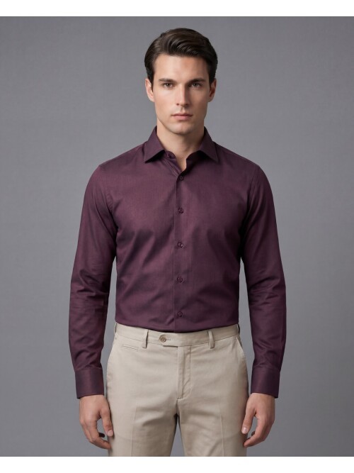 Bordo Slim Fit Uzun Kollu Klasik Yaka Gömlek
