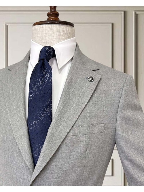 Grey Pinstripe Two-Button Suit - Notch Lapel with Pick Stitching Detail