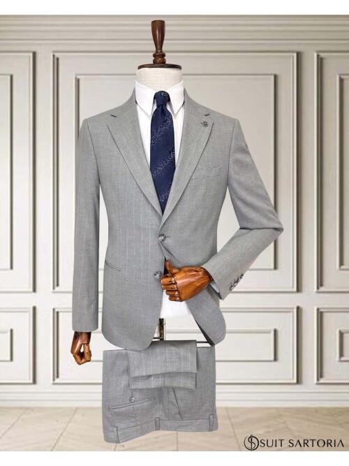 Grey Pinstripe Two-Button Suit - Notch Lapel with Pick Stitching Detail